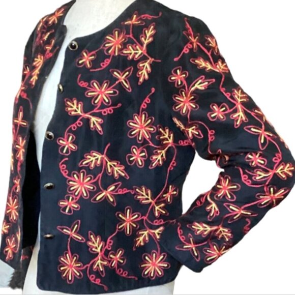 Maggy L Silk Embroidered Flower Button-Up Lady Jacket Sz 10 Black #110L - Picture 5 of 7